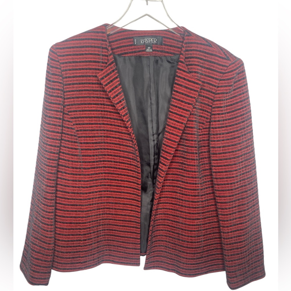 KASPER Red with Black Velvet Stripe Open Front Collarless Jacket Size 16P